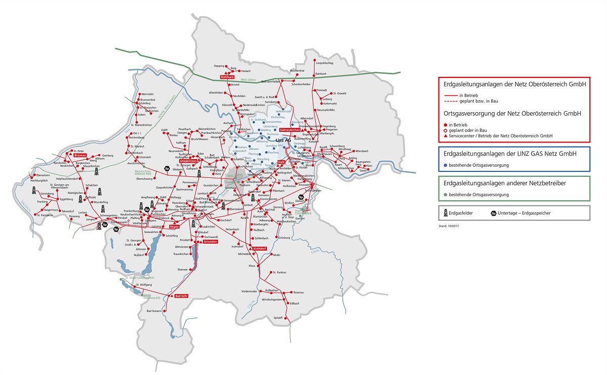 Das Erdgas-Leitungsnetz in Oberösterreich